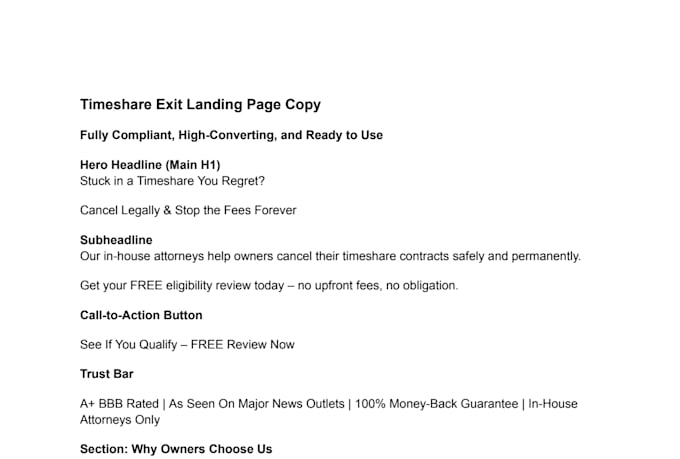 create articles or landing page copy for your timeshare exit company